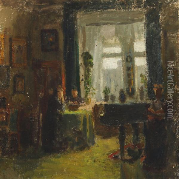 Interior With People Reading And Sewing Oil Painting - Gustava Gruner