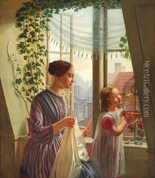 Interior With Mother And Child At The Window Oil Painting - L. A. Smith