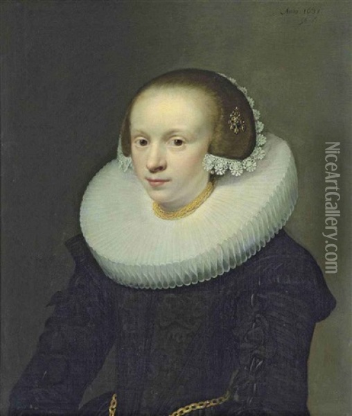 Portrait Of A Lady In A Black Dress With A Ruff, Gold Chains Around Her Neck And Waist, Lace Headdress And A Jewel In Her Hair Oil Painting - Jan Anthonisz Van Ravesteyn