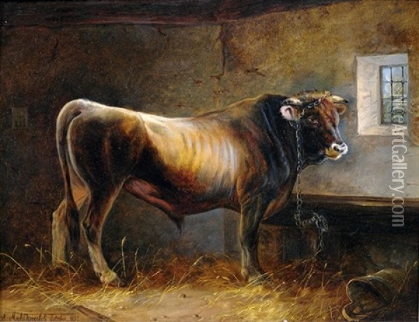 Ochse Im Stall Oil Painting - Edmund Mahlknecht