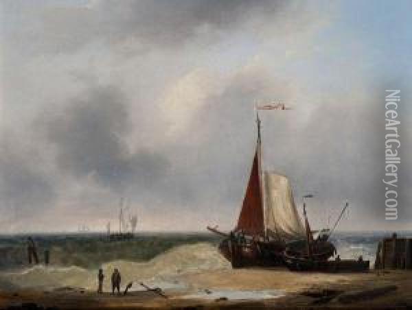 Navires Sur Une Plage Oil Painting - Louis Eugene Verbockoeven