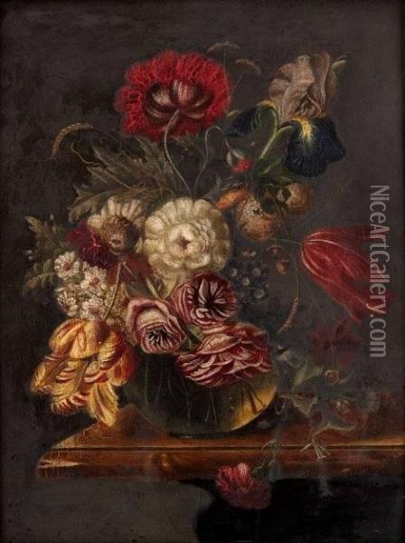 Mixed Flowers In A Glass Vase On A Stone Ledge Oil Painting - Albert Matignon