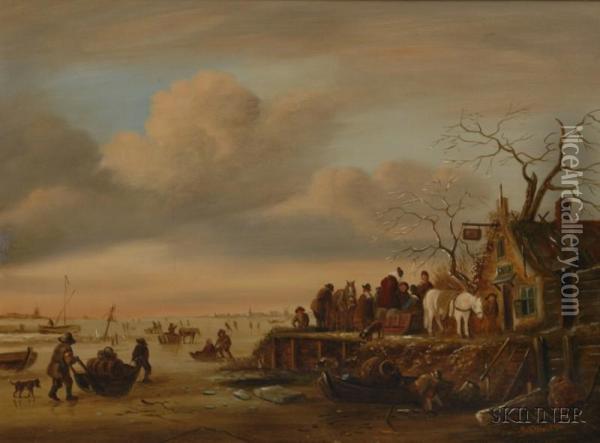 Animated Winter View With Figures And Sleds Oil Painting - John Frederick Ii Hulk