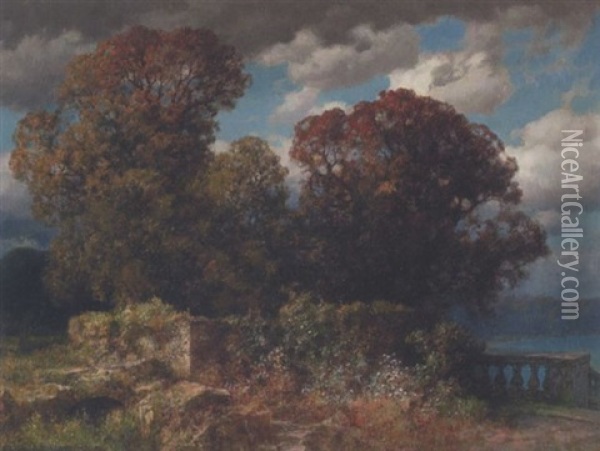 Herbstliche Baumgruppe Am Seeufer Oil Painting - Traugott Hermann Ruedisuehli