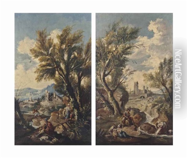 A Wooded River Landscape With Fishermen And Washerwomen, A Village Beyond; And A Wooded River Landscape With Travellers On A Path And Other Figures, A Village Beyond (pair) Oil Painting - Alessandro Magnasco