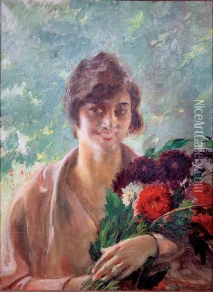 Femme Au Bouquet Oil Painting - Albert Besnard