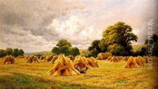 A Surrey Cornfield, Near Guildford Oil Painting - Henry H. Parker