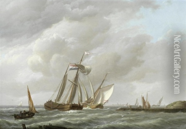 Dutch Shipping On A Blustery Day Oil Painting - Johannes Hermanus Koekkoek
