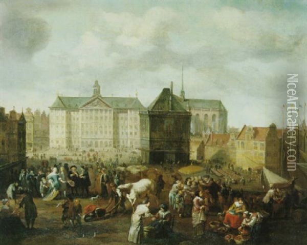 In Amsterdam. Blick Auf Das Rathaus Mit Der Waage Und Der Nieuwe Kerk Oil Painting - Hendrick Mommers