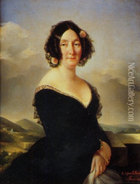 Portrait De Femme A La Robe De Dentelle Noire Et A La Mantille Sur Fond De Paysage Oil Painting - Eugenie Tripier Lefranc