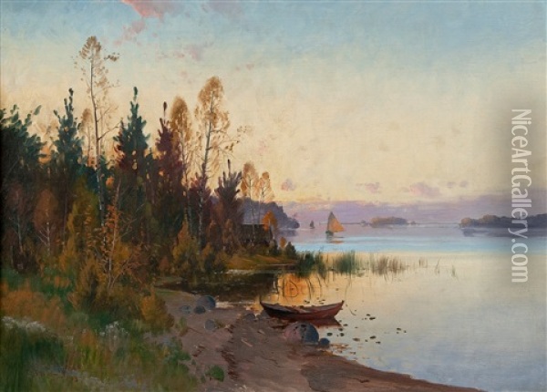 Lake At Sunset Oil Painting - Carl Brandt