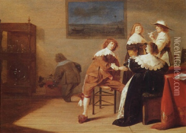 Elegant Company Drinking And Smoking In An Interior Oil Painting - Jan Olis