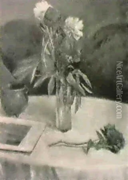 Paeoner I Vase Og Jydepotte Paet Bord Oil Painting - Peter Alfred Schou