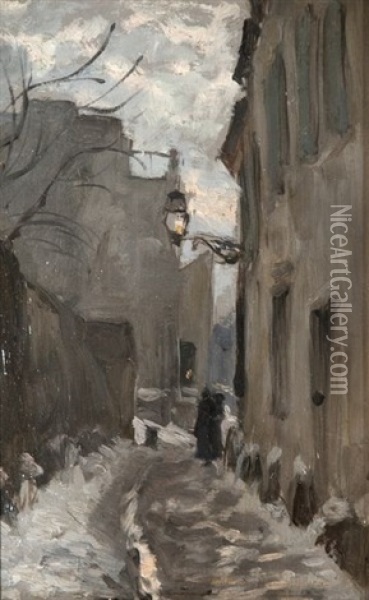 Paris, Une Rue A Montmartre, Effet De Neige Oil Painting - Ernest Victor Hareux