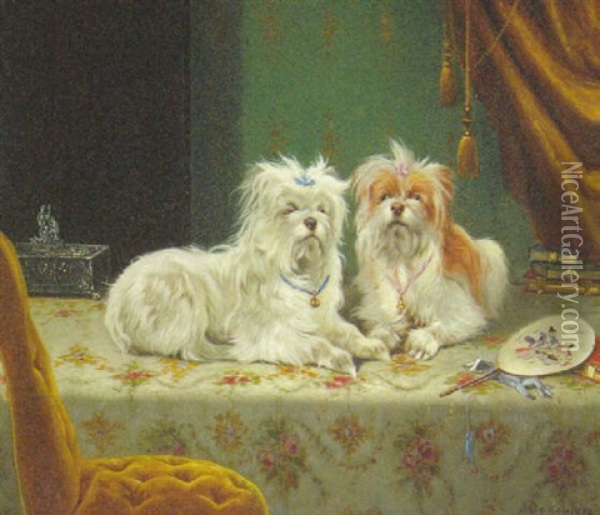 Two Maltese Terriers On A Draped Table In A Drawing Room Interior Oil Painting - Henri De Beul