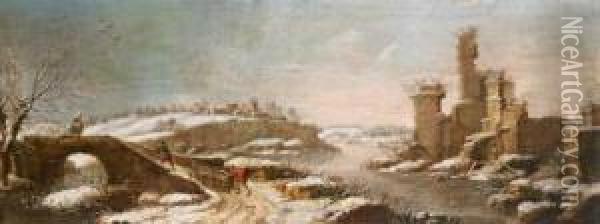 Paesaggio Invernale Con Le Rovine Di Un Castello E Boscaioli Che Tirano Una Slitta Oil Painting - Francesco Foschi