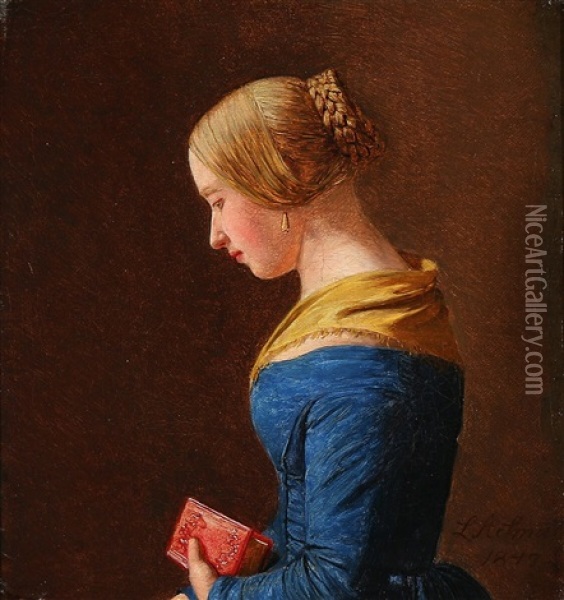 Profile Portrait Of A Young Woman In A Blue Dress Oil Painting - L. A. Smith