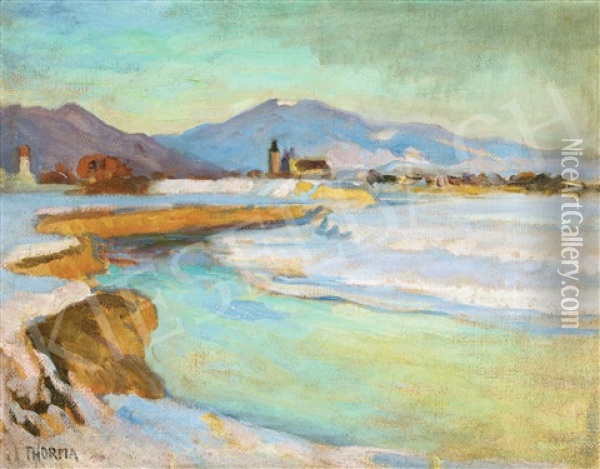 Nagybany In Winter With The Istvan Tower In The Background Oil Painting - Janos Thorma