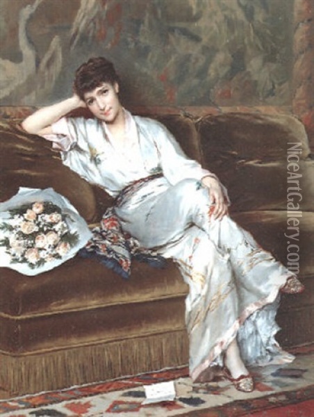 Young Woman In A Japanese Interior Oil Painting - Gustave Leonhard de Jonghe