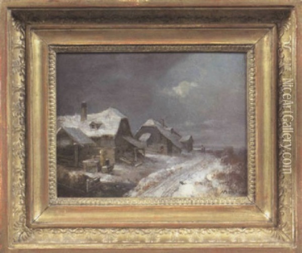 Dorf Im Winter Oil Painting - Heinrich Buerkel