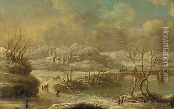 A busy track by a bridge in a winter landscape Oil Painting - Dutch School