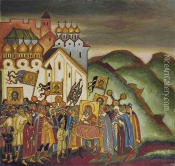 La Procession Religieuse A Novgorod Oil Painting - Dmitri Semenovich Stelletsky