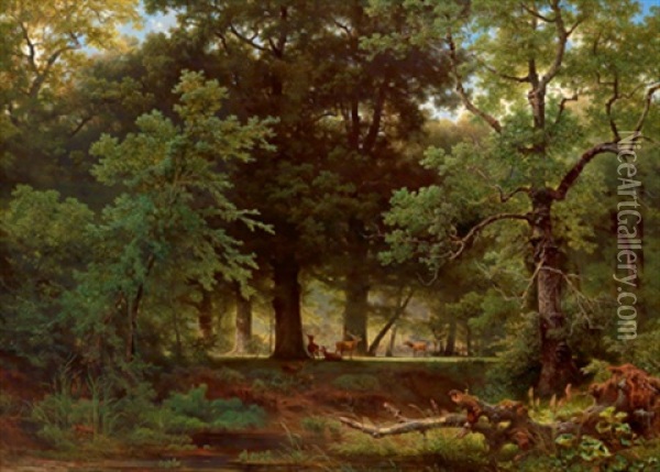 Rotwild In Den Praterauen Oil Painting - Josef Holzer