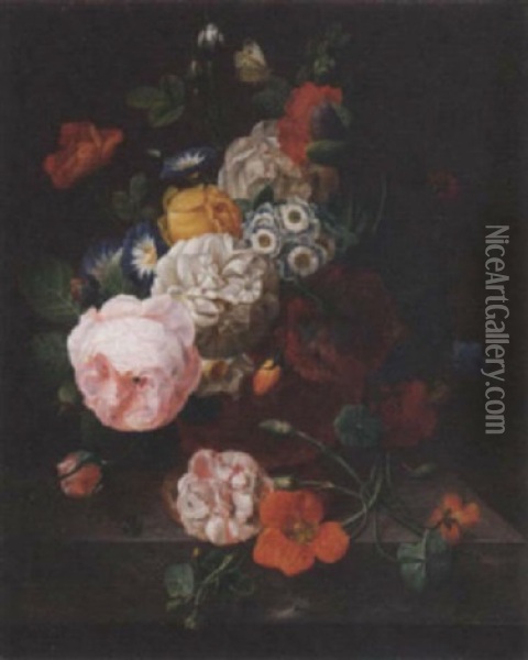 Roses, Peonies, Morning Glories And Other Flowers In An Urn On A Ledge Oil Painting - Jean-Francois Eliaerts
