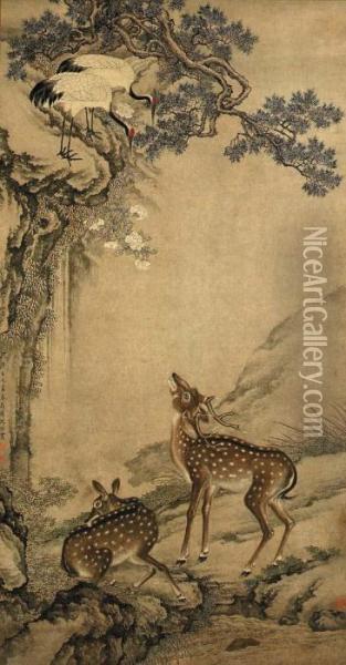 Cranes And Deer Oil Painting - Shen Quan