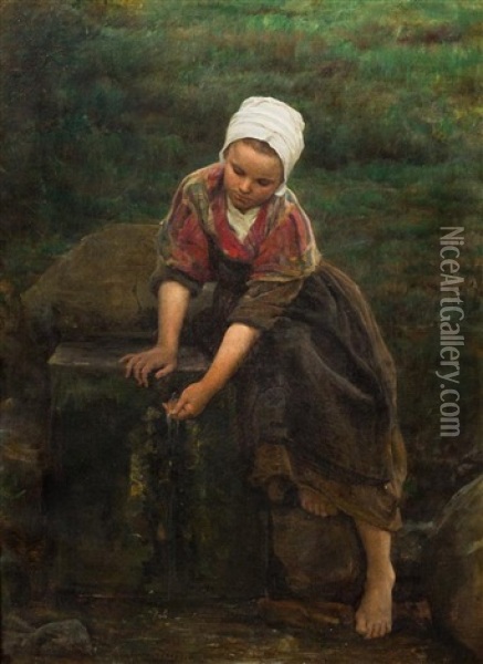 Brittany Girl At A Well Oil Painting - Jules Breton