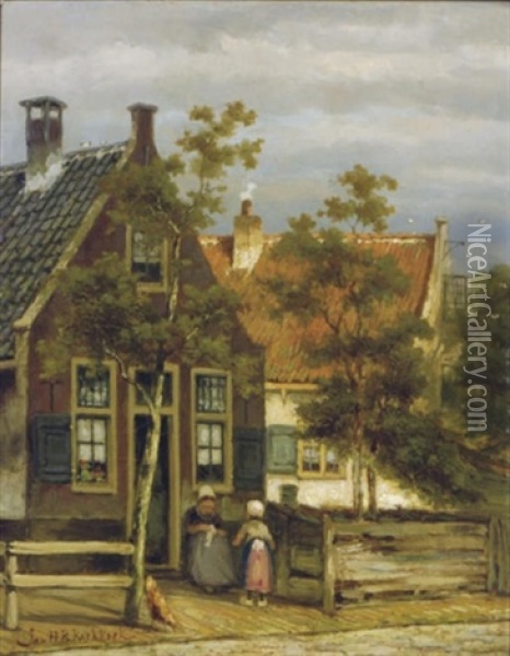 Knitting In Front Of The Cottage Oil Painting - Johannes Hermanus Barend Koekkoek