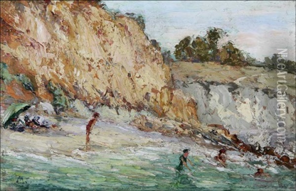 Bathers, Laguna Beach Oil Painting - Minnie Tingle