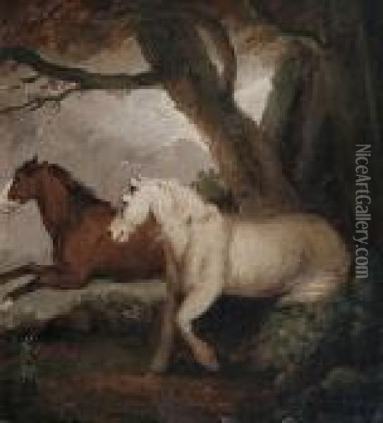 Two Horses In A Landscape Oil Painting - George Morland