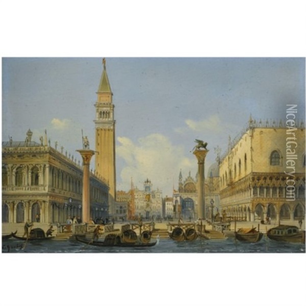 Venice, A View Of The Piazzetta From The Bacino Di San Marco, Including The Biblioteca Sansoviniana, The Torre Dell'orologio, The Basilica Di San Marco And The Palazzo Ducale Oil Painting - Carlo Grubacs