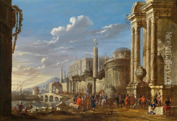 Sudliche Hafenstadt Mit Antiken Gebauden Und Reicher Figurenstaffage Oil Painting - Jacob Van Der Ulft