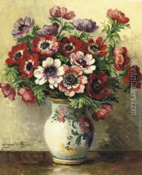 Colourful Anemones In A Earthenware Vase Oil Painting - Jeannette Slager