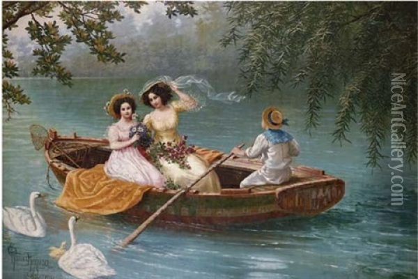 Ragazze In Barca Sul Lago Oil Painting - Otama Kiyohara