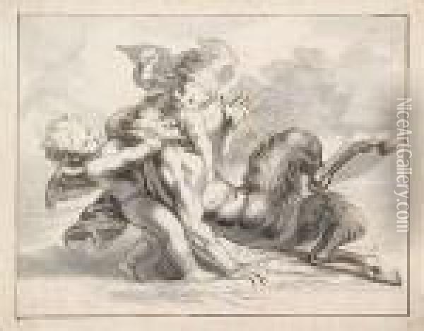 A Satyr Held Down And Punished By Two Wingedamorettes Oil Painting - Antoine Coypel