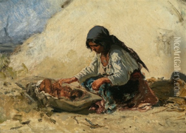 Zigeunermadel, Ein Kind In Einer Mulde Wiegend Oil Painting - August Xaver Carl von Pettenkofen