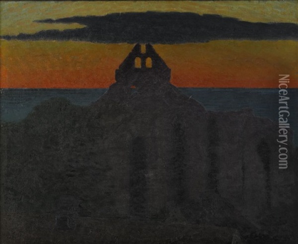 Solnedgang Over S:t Nicolai Kyrkoruin - Visby Oil Painting - Pelle Svedlund