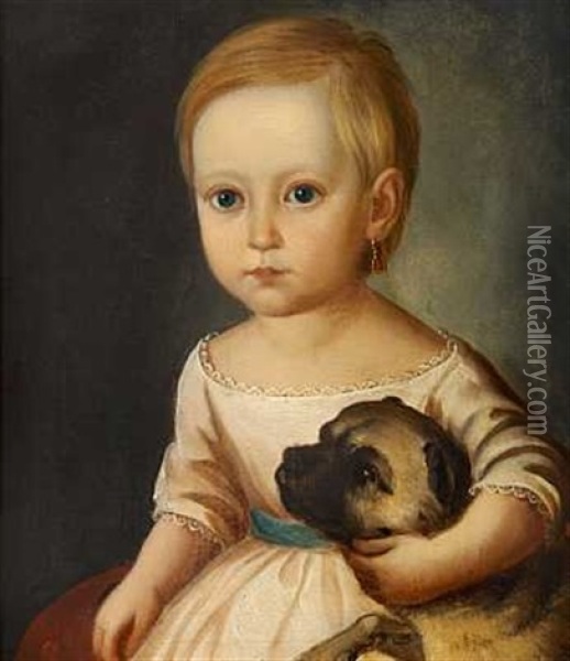 Lille Pige I Lyserod Kjole Med En Hund Under Armen Oil Painting - David Monies