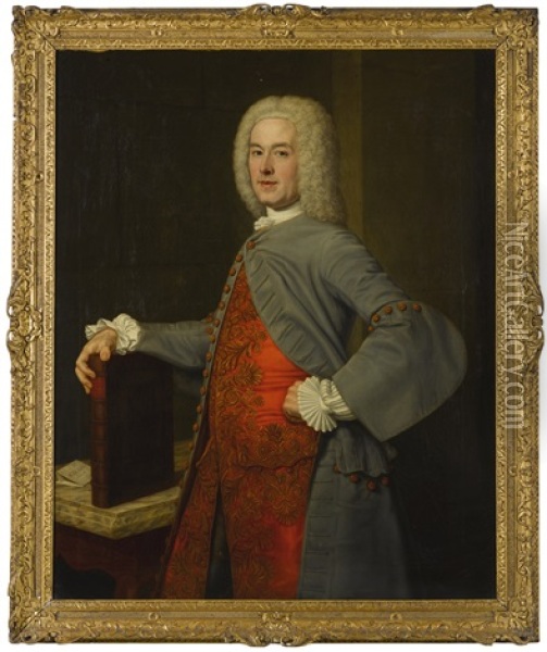 Portrait Of John Belsches Of Invermay, Three-quarter-length, Standing In An Interior, Wearing A Grey Coat Over A Richly Embroidered Red Waistcoat, Resting His Right Hand On A Book Oil Painting - John Alexander