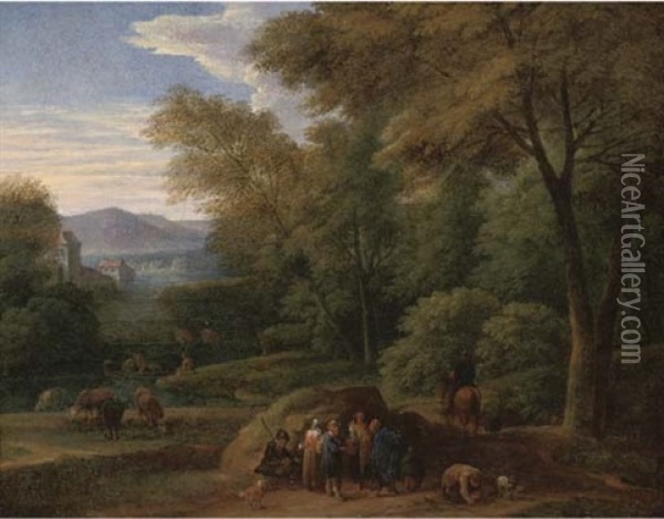 A Wooded River Landscape With Peasants Conversing On A Track (collab. W/adriaen Frans Boudewijns) Oil Painting - Pieter Bout