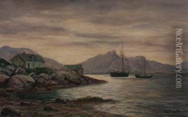 Kystlandskap Med Hus Og Bater Oil Painting - Ole Juul