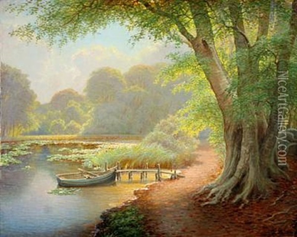 Forest Scene With Lake And Rowing Boat At A Jetty Oil Painting - Peter Johan Valdemar Busch