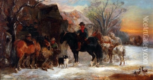 Winter Landscape With Figures, Horses And Dog Before A Stable Oil Painting - Arthur Melville