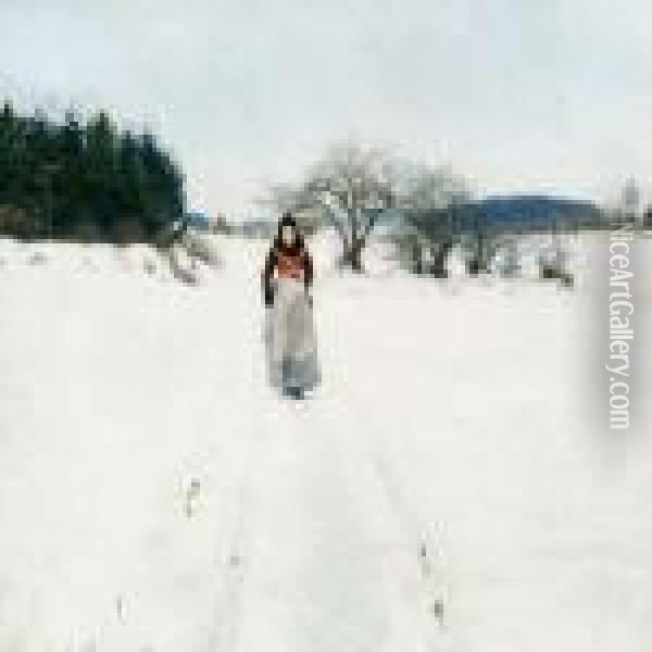 A Peasant Woman On A Snowy Path Oil Painting - Hans Anderson Brendekilde
