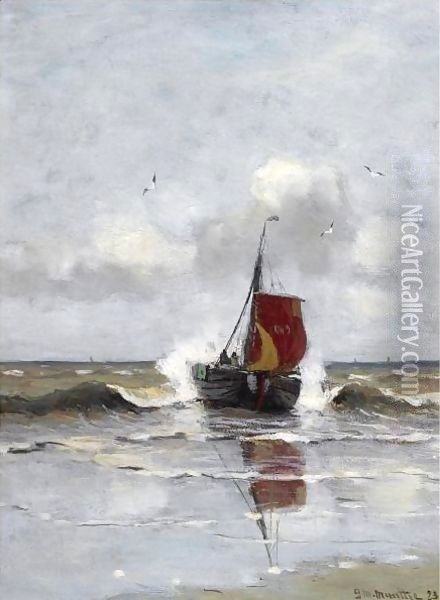 A Bomschuit In The Breakers, Katwijk 2 Oil Painting - Gerhard Arij Ludwig Morgenstje Munthe