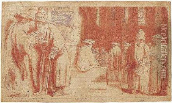 Jews In The Synagogue (b., Holl. 126; H.234; Bb.48-d) Oil Painting - Rembrandt Van Rijn