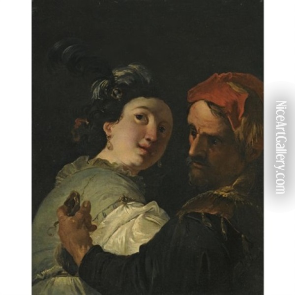 A Bearded Man Embracing A Young Woman Whilst Holding A Money-bag Oil Painting - Francesco Salvator Fontebasso